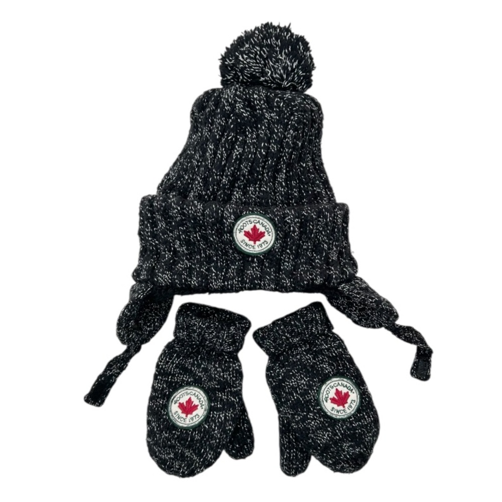 Roots Kids Black Knit Hat and Mittens Set